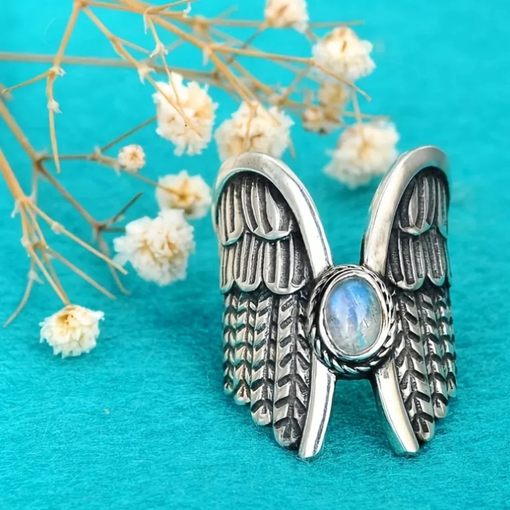 Angel Wings Moonstone Feather Ring Silver Plated Lab Created Gem Multiple Sizes - Picture 4 of 12